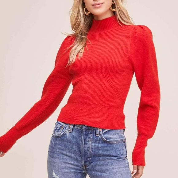 NEW ASTR The Label Red Mock Neck Puff Sleeve Sweater M - Picture 3 of 5